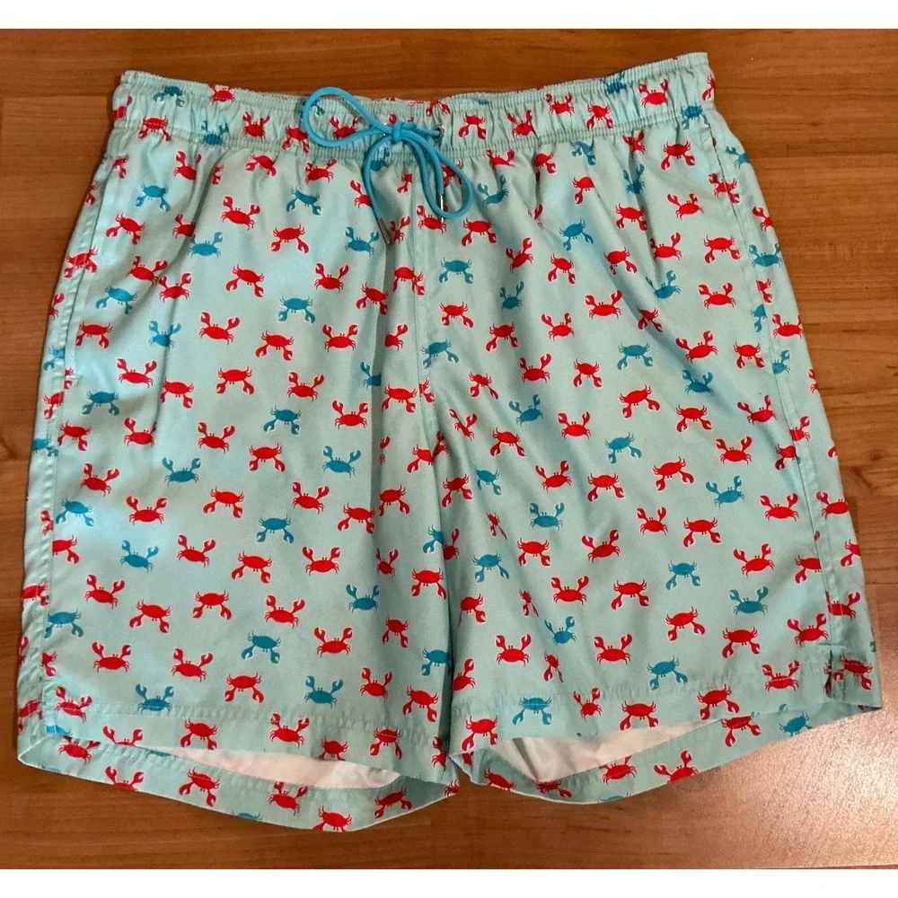 Lands' End Swim Trunks Men Crab Print Aqua Blue Red Lined Drawstring 7.5